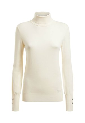 Maglione bianco a collo alto, tessuto a coste, maniche lunghe, con bottoni decorativi sui polsini, tessuto morbido. Logo visibile in basso.