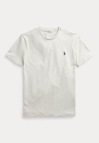 Jasnoszara koszulka z krótkim rękawem i okrągłym dekoltem z małym granatowym logo konia Polo Ralph Lauren na lewej piersi.