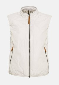 Ärmløs hvid quilted vest med høj krave, der har to lynlås lommer og brune læderdetaljer på lynlåsen og lommerne.