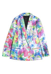 Blazer de doble botonadura con vibrante patrón de tie-dye multicolor en tonos de rosa, azul, verde y amarillo, con solapas con muesca y bolsillos frontales.