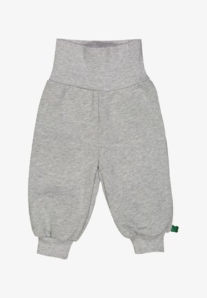 Helle graue Baumwollmischungshose mit geripptem Bund und Bündchen. Sie verfügt über ein lockeres, zulaufendes Design mit einem kleinen grünen Logo-Tag an der Seite.