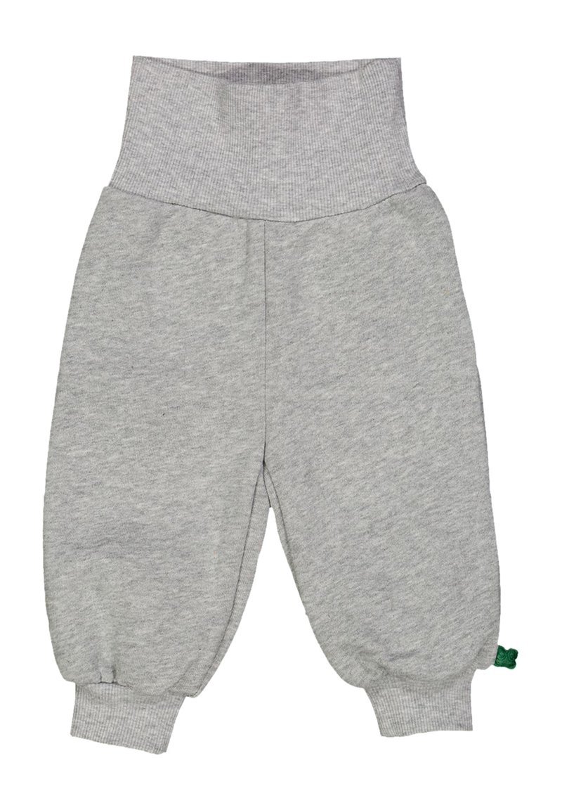 Lichtgrijze katoenen broek in een mengenweefsel met ribgebreide tailleband en boorden. Heeft een losse, taps toelopende snit met een klein groen logo-label aan de zijkant.