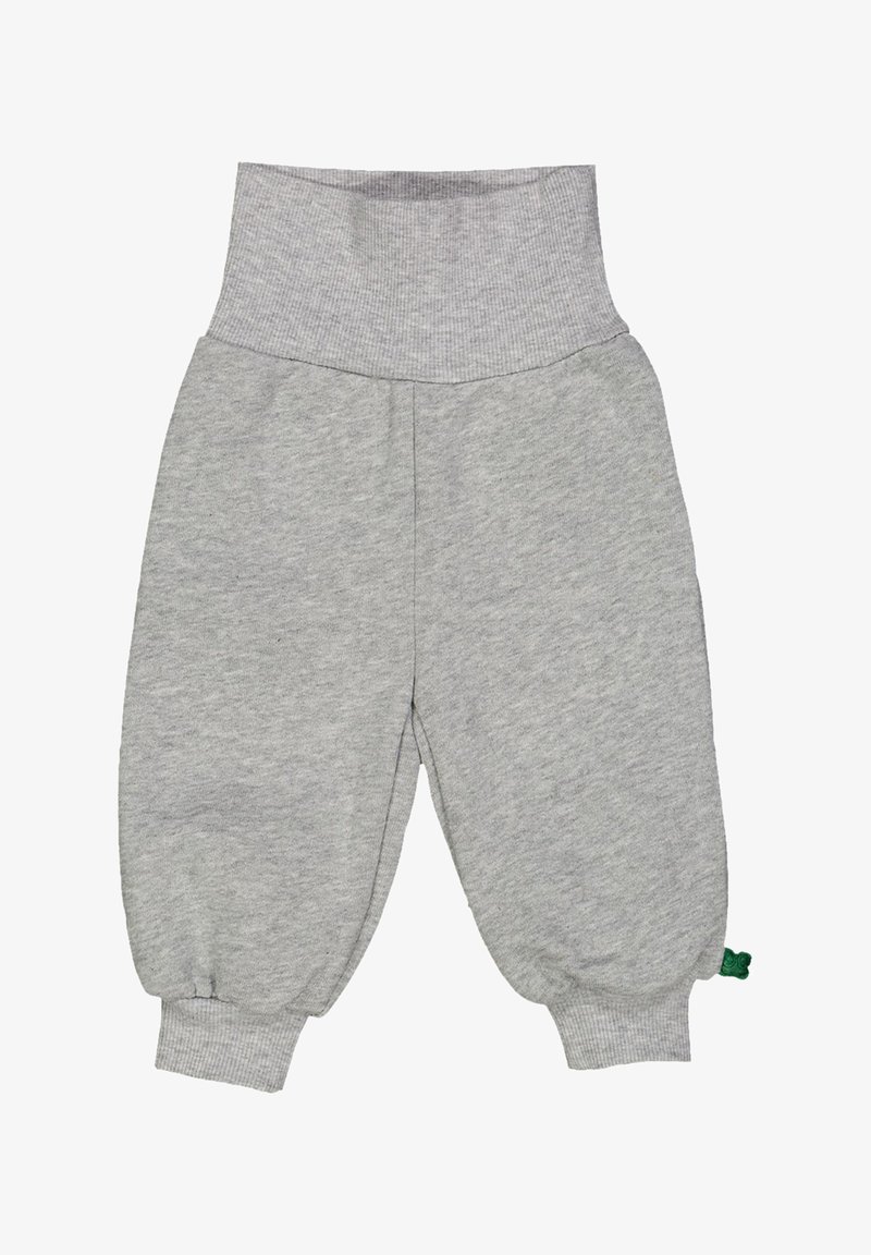 Světle šedé kalhoty z bavlněné směsi s žebrovaným pasem a manžetami. Mají volný, zúžený střih a na boku malou zelenou nášivku s logem.