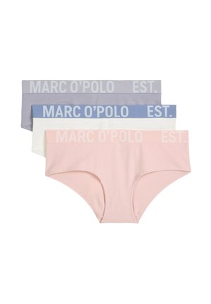 Set van vier damesonderbroeken in lichtroze, wit, lavendel en blauw. Zachte katoenen stof met elastische taillebanden met de tekst "MARC O'POLO EST."