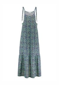 Blumen-Midi-Kleid mit dünnen Schulterbändern, versehen mit einem blau-grünen und weißen Muster sowie einem ausgestellten Rüschensaum. Weicher Stoff.