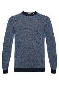 Granatowy sweter z dzianiny o teksturowanym wzorze, z okrągłym dekoltem i długimi rękawami. Manżety i dół w jednolitym ciemnym kolorze.