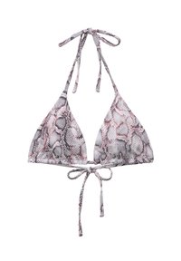 Trojúhelníkový bikiny top s hadím vzorem v odstínech šedé a růžové, s šňůrkami na krku a zádech pro nastavitelný střih.
