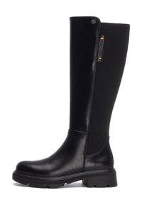 Botas negras hasta la rodilla con paneles de cuero y tela, puntera redonda, suela texturizada y un acento de marca cerca de la parte superior. Acabado liso, diseño duradero.