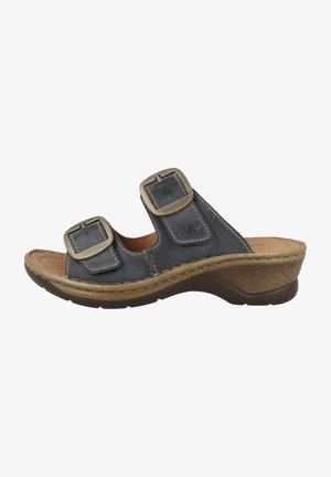 Gray leather sandal with two square buckles, open toe design, cushioned footbed, and a contoured wedge sole for stability.