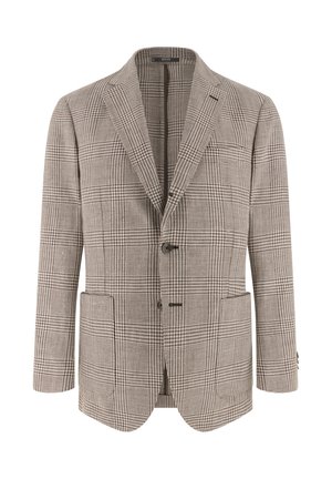 Blazer pour homme beige et marron à carreaux avec revers crantés, deux boutons et deux poches plaquées à l'avant.