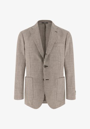 Blazer pour homme beige et marron à carreaux avec revers crantés, deux boutons et deux poches plaquées à l'avant.