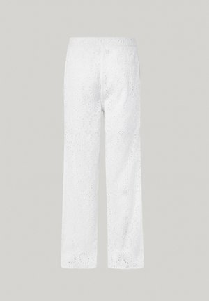 Pantalons larges blancs, découpés au laser, ornés d'un motif floral. Tissu léger avec une texture lisse et une taille élastique.