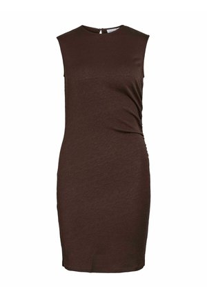 Braunes ärmelloses Kleid mit Rundhalsausschnitt, strukturiertem Stoff, figurbetonter Silhouette und einem Reißverschluss hinten.