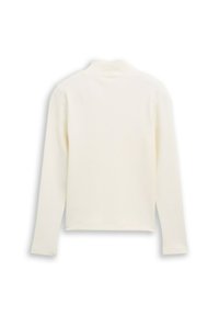 Ribben, crèmekleurig lange mouwen top met een mockneck en aansluitend ontwerp. Zachte textuur met minimale naden en geen zichtbare hardware.