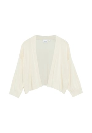 Kremowy krótki kardigan bez zapięcia z długimi rękawami i ściągaczami na mankietach, wykonany z dzianiny, z metką "Comma", wyeksponowany na białym tle.