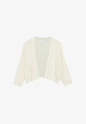 Cardigan corto color crema a apertura frontale con maniche lunghe e polsini a costine, tessuto a maglia, etichetta con scritto "Comma", mostrato su sfondo bianco.