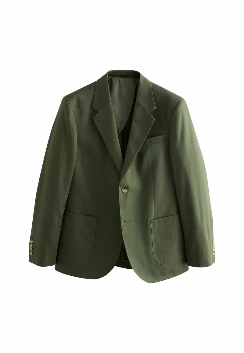 Olivgrüner Blazer aus glattem Material mit zwei Fronttaschen, einer Brusttasche und goldenen Knopfakzenten an den Ärmelbündchen.