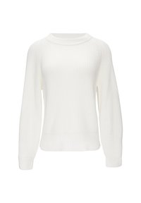 Witte ribgebreide trui met lange mouwen, een ronde halslijn en een relaxed fit. Heeft een textuurpatroon en elastische manchetten en zoom.