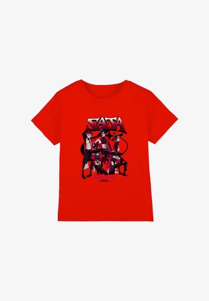 Red cotton T-shirt featuring a graphic of four stylized characters with bold black outlines and contrasting colors on the front.