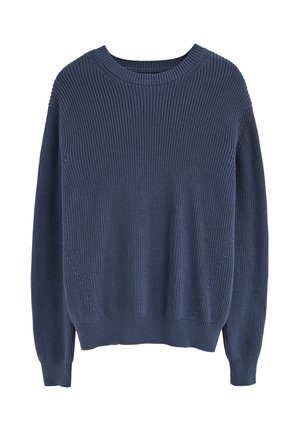 Marineblauer Strickpullover mit Rundhalsausschnitt, langen Ärmeln und strukturierter Rippung. Verfügt über diagonale Akzente an den Seiten.