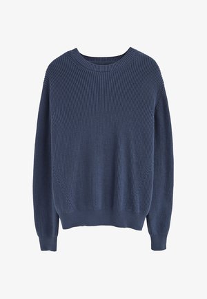 Marineblauer Strickpullover mit Rundhalsausschnitt, langen Ärmeln und strukturierter Rippung. Verfügt über diagonale Akzente an den Seiten.
