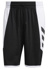 Schwarz-weiße Sportshorts mit elastischem Bund, Kordelzug, Seitenpaneel-Design und Netzakzenten zur Belüftung.
