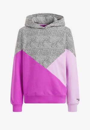 Kapuzenpullover mit schwarz-weißem abstraktem Muster oben, farblich abgesetzte pinke und lavendelfarbene Bereiche unten, und gerippte Bündchen.