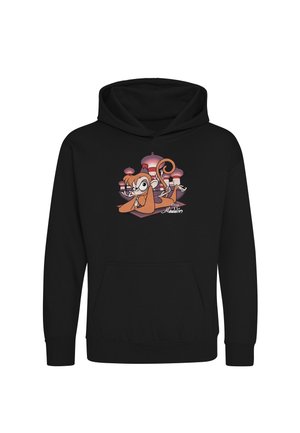 Czarna bluza z kapturem z kreskówkową małpką odpoczywającą na magicznym dywanie, kopuły pałacowe w tle i tekstem "Aladdin" poniżej.
