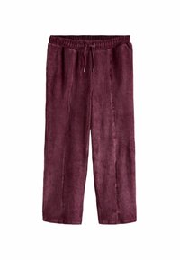Burgundy kordbársony nadrág függőleges barázdákkal, rugalmas derékkal és zsinórral. Oldalsó zsebekkel és laza szabással rendelkezik.