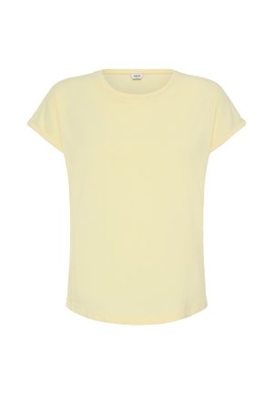 Lichtgele T-shirt met korte mouwen, een ronde halslijn en een licht gebogen zoom.