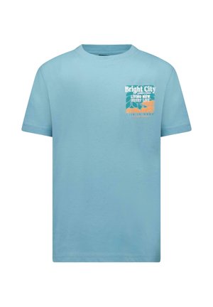 Lichtblauw katoenen T-shirt met een grafische print op de borst, voorzien van tekst en levendige kleuren. Korte mouwen en een klassieke ronde hals.