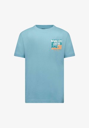 Lichtblauw katoenen T-shirt met een grafische print op de borst, voorzien van tekst en levendige kleuren. Korte mouwen en een klassieke ronde hals.