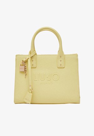 Borsa gialla strutturata con doppi manici, logo "Liu Jo Milano" in rilievo e dettaglio con chiave e lucchetto attaccati.