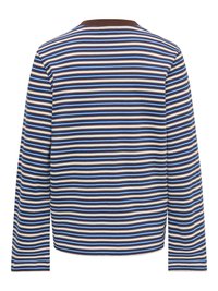 Chemise à manches longues à rayures horizontales marron, bleu et blanc, vue de dos sur fond blanc.