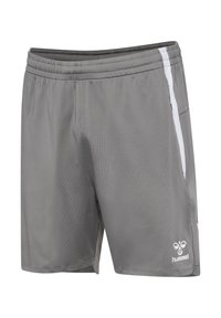 Grå sportsshorts med elastisk talje, hvide sidelister og hummel-logo på venstre ben.