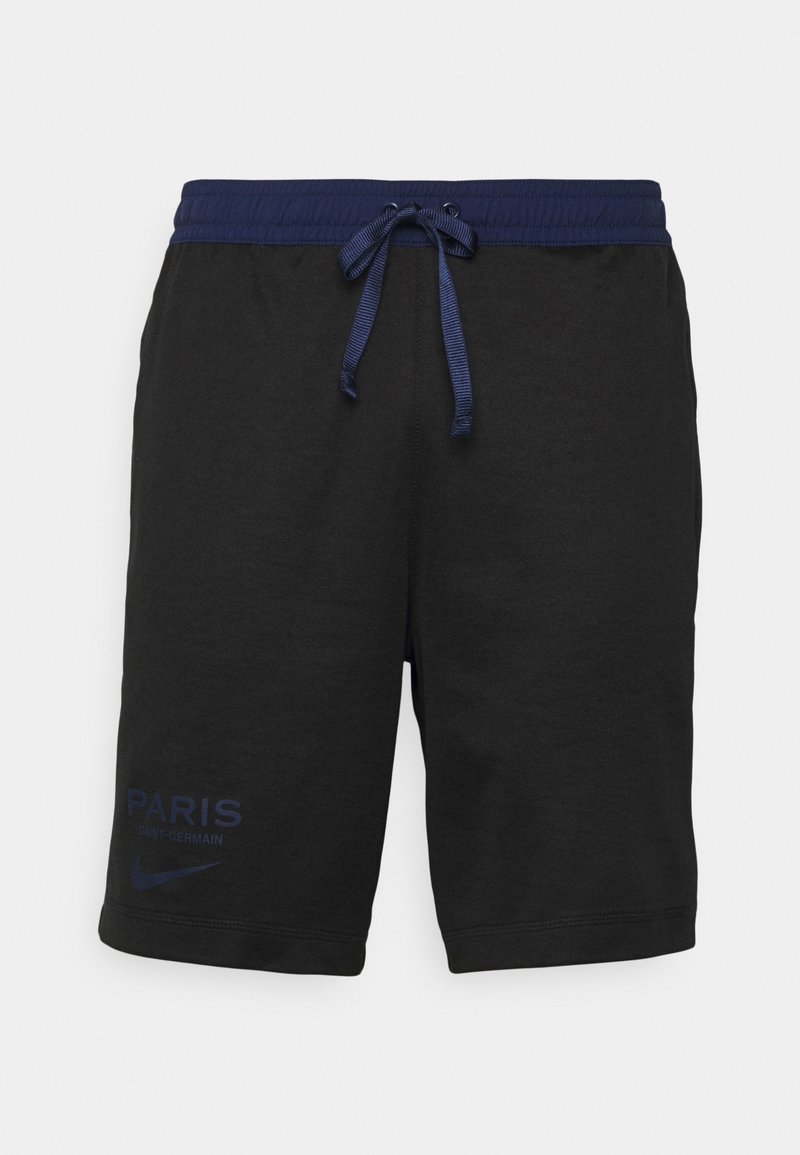 Shorts de sport noirs avec taille élastique bleu marine et cordon, avec les logos "Paris Saint-Germain" et Nike sur la jambe gauche.