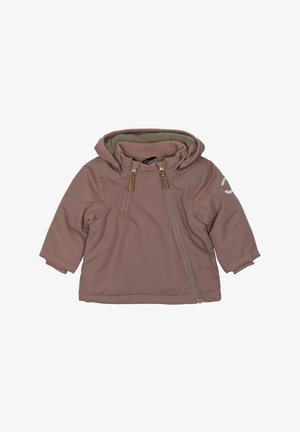 Rozā pufīga jaka ar kapuci, diviem priekšējiem rāvējslēdzējiem un brūnu iekšējo odere. Iezīmē garas piedurknes un logo detaļu uz piedurknēm.