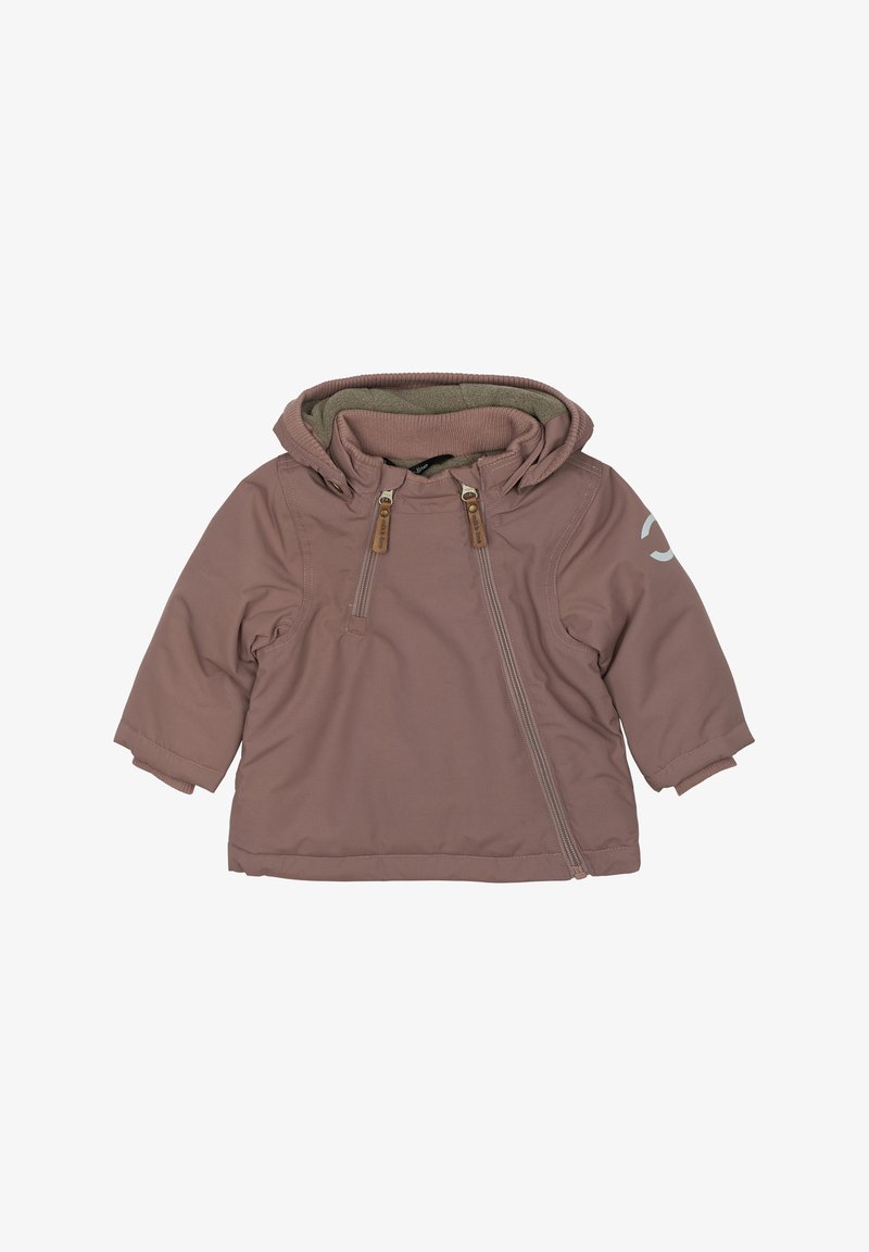 Lyserød polstret jakke med hætte, to frontlynlåse og brun indvendig foring. Har lange ærmer og detalje med logo på ærmet.