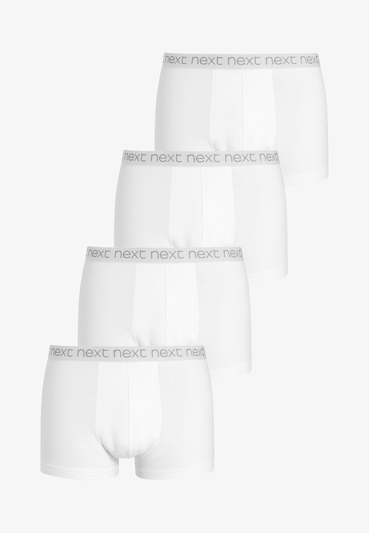 Baltie kokvilnas bokseršorti četrās iepakojumos, ar pelēku elastīgu jostu, uz kuras drukāts "next". Gluda tekstūra, klasiskā piegriezuma.