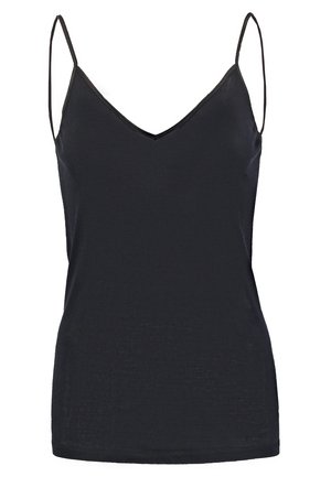 Top nera con spalline sottili, scollatura a V e un tessuto morbido e leggero. Presenta un design semplice e aderente con orlo dritto.