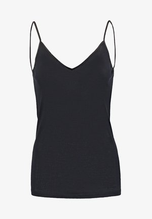 Top nera con spalline sottili, scollatura a V e un tessuto morbido e leggero. Presenta un design semplice e aderente con orlo dritto.
