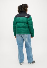Grøn og sort dunjakke med høj krave; har fremtrædende syninger og logo-detalje på skulderen; parret med lyseblå jeans.