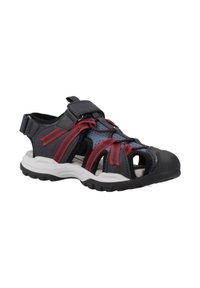 Sandalo blu navy e rosso con design in rete, suola in gomma, cinturino in Velcro, punta aperta e punta rinforzata per una maggiore protezione.