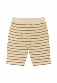Beige shorts med bruna horisontella ränder, med en elastisk midja och en mjuk bomullstextur. Inga synliga fickor.