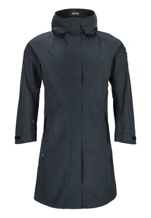 Dark grey waterproof jacket with a high collar, long sleeves, zippered side pockets, and Velcro cuffs. Smooth, lightweight material.