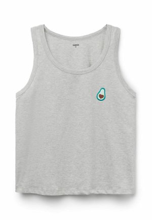 Jasnoszary bezrękawnik typu crop top z małym haftowanym niebieskozielonym awokado i brązowym sercem na lewej piersi.