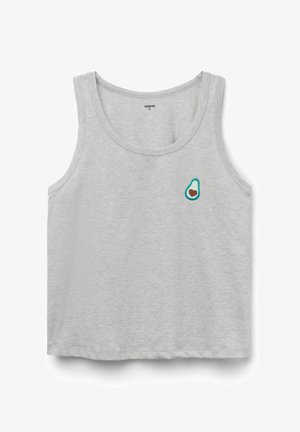 Jasnoszary bezrękawnik typu crop top z małym haftowanym niebieskozielonym awokado i brązowym sercem na lewej piersi.