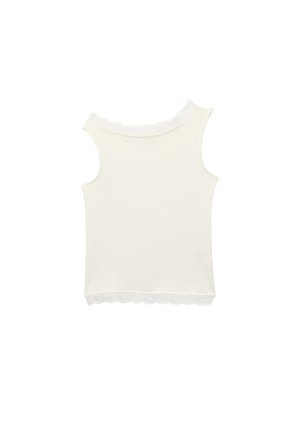 Débardeur blanc sans manches avec bordure en dentelle le long de l'encolure et de l'ourlet, présenté sur fond blanc uni.