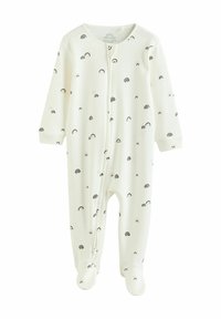 Un body blanc pour bébé avec des motifs de rainbow noirs, à manches longues et avec pieds. Il possède une fermeture éclair à l'avant et un col rond.