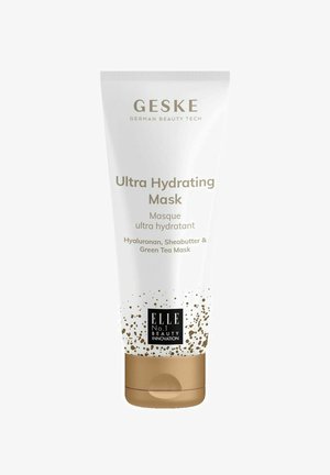 Tube van GESKE Ultra Hydrating Mask met hyaluronzuur, sheaboter, groene thee en ELLE No.1 Beauty Innovation-label, witte en gouden verpakking.